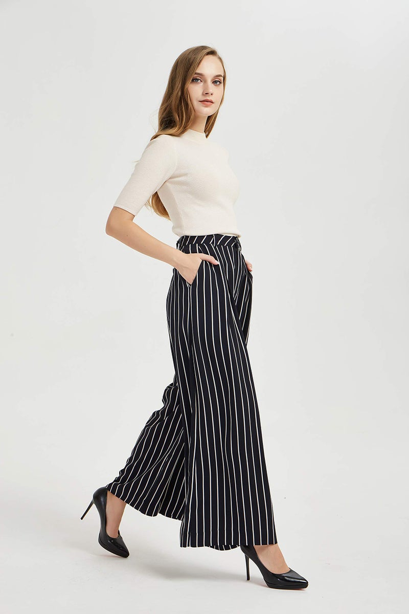 Tronjori Women High Waist Casual Wide Leg Long Palazzo Pants Trousers Regular Size(XL,Black White) - Image 3